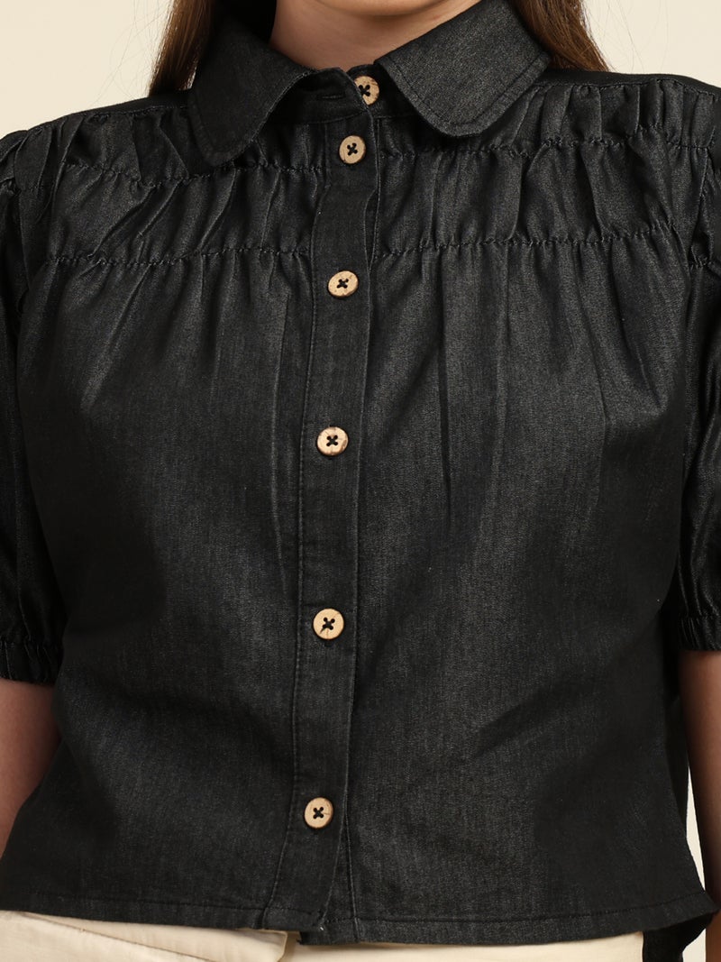 7OUNCE Black Denim Puff Sleeve Shirt for Women - Image 2